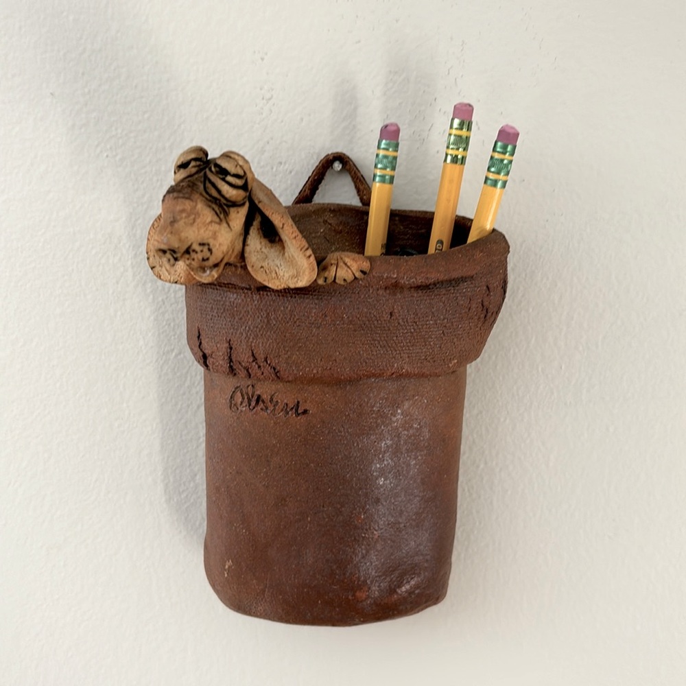 Vintage Olsen Pottery Dog Wall Pocket. Leather Handle. Handmade & Signed Rare!